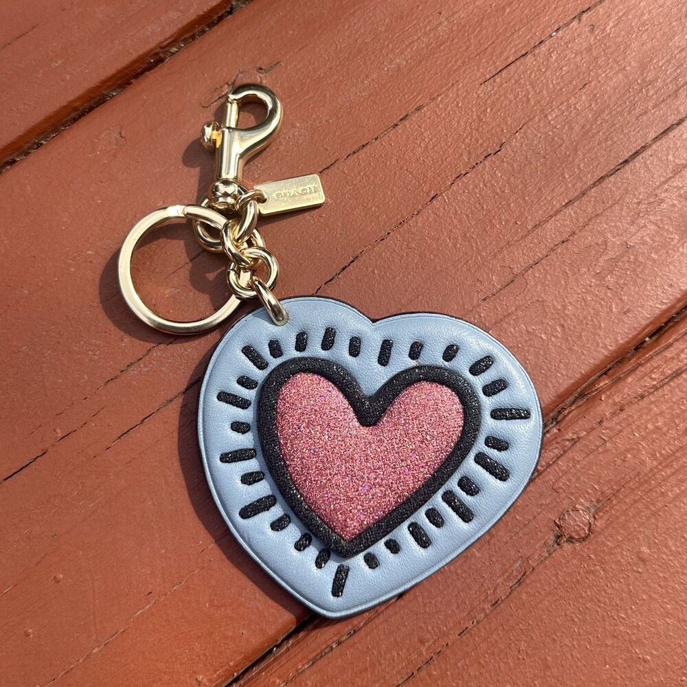 Coach Keith Haring Heart Charm Blue Leather Glitter Pink Gold Hardware